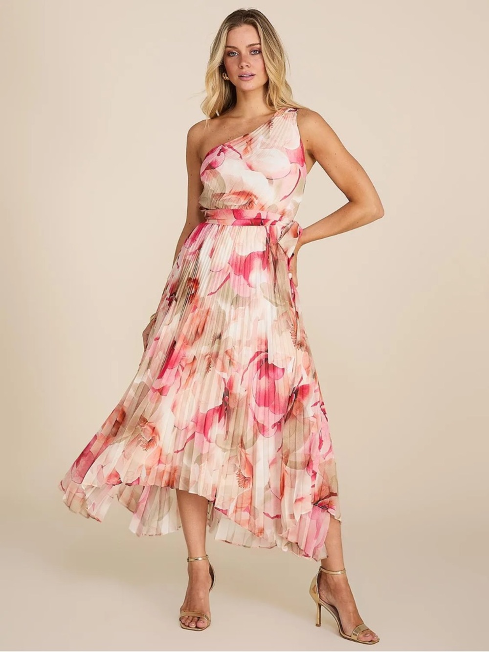 One-Shoulder Pink Floral Pleated Midi Dress